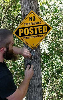 x100 Customized Metal Diamond No Trespassing Posted Private Property Sign with your information (Yellow)