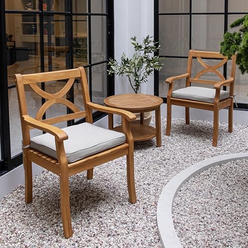 Cambridge Casual Harbor 3-Piece Teak Wood Outdoor Patio Bistro Chat Set, Side Table and 2 Patio Chairs for Garden, Balcony, Backyard and Poolside, Beige Cushion/Teak Wood