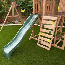 KidKraft Lawnmeadow Wooden Swing Set with Swings, Slide, Sandbox, Telescope, Rock Wall, Monkey Bars Brown
