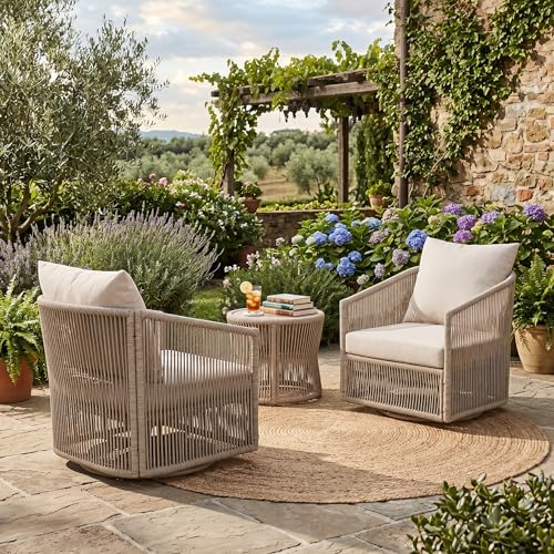 Christopher Knight Home 2 Piece Set Outdoor 360° Swivel Patio Chair with Rope Woven Iron Frame Beige Cushions Modern Outdoor Lounge Chair for Patio Deck Balcony, Sand