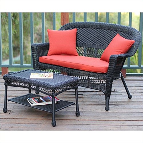Jeco Wicker Patio Love Seat and Coffee Table Set Red