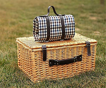 YRHH Rattan Picnic Basket with Lid, 4 Person Handmade Basket with Cutlery, Blue Fruit and Vegetables, for Outdoor Outings, Camping and Hiking