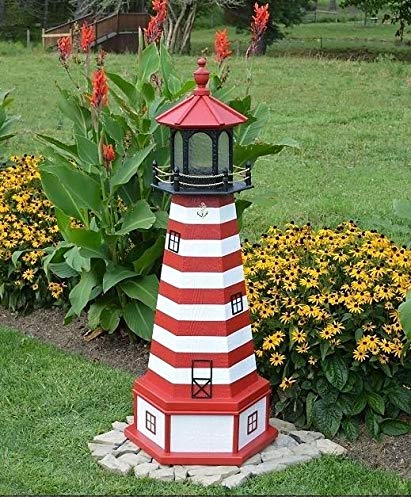 Backyard Crafts Amish-Made West Quoddy, ME Replica Lighthouse with Base and Solar-Powered LED Lighting, 44" Tall