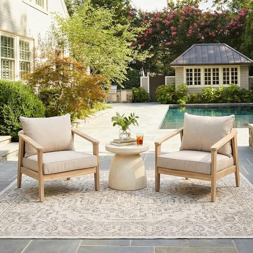 Christopher Knight Home Outdoor Wooden Club Chair Set of 2, Patio Balcony Lounge Chairs, Wicker Backrest Accent Chair, Garden Armchair Set, Acacia Wood Frame with Light White Finish, Beige Cushions