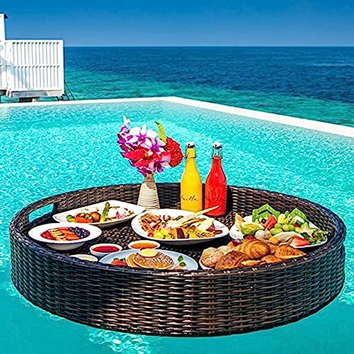 EESHHA Round Table Dinner Plate Floating Tray, Rattan Refreshment Tray, Swimming Pool Floating Breakfast Tray, Swimming Pool Floats for Pool or Beach Party 60 * 60 * 20 cm