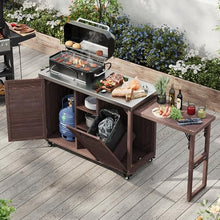 Merax 78.3" Outdoor Kitchen Island with Foldable Grill Table, Wooden Outdoor Grill Cart with Trash Can Storage & Stainless Steel Top, Outdoor Bar Cart, Pizza Oven Table for Lawn & Garden, Dark Brown