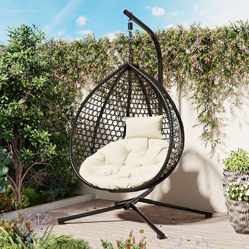 U_STYLE Sturdy Hammock Chair with Stand, Durable Hanging Egg Chair with Rattan Weaving ,Comfortable Indoor Outdoor Swing chairs with Soft Removable Cushion,Suitable for Balcony, Bedroom,or Garden