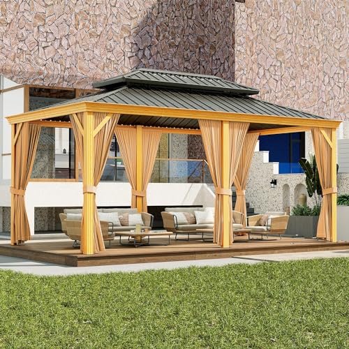 GAOMON 12x20ft Hardtop Gazebo with Netting and Curtains Wood Grain
