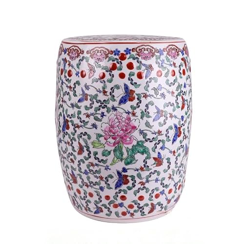 LINKIO Garden Stool Decorative Garden Stool, Hand-Painted Pastel Peony Design, Vintage Round Drum Style, Indoor Outdoor Multi-Purpose Table Ottomans(A)