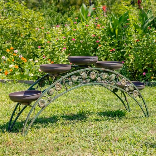 Zaer Ltd. 5FT Long Bridge-Like Metal Plant Stand Arch, 5 Round Planters, Powder-Coated, Distressed Finish (Verdi Green)