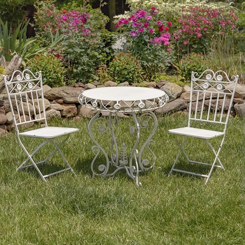 Zaer Ltd. Three Piece Metal Bistro Set with Aster Flower Accents Copenhagen 1843" (Antique White)