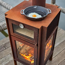 RB73 Quercus Wood Burning Outdoor Fireplace with Oven, 3-Sided Glass, 19”x19x119”, 6mm CorTen Steel, Heat-Resistant Glass, Industrial Design