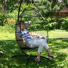 Sunnydaze Delaney Black Resin Wicker Hanging Egg Chair with Powder-Coated Steel Stand - Gray Polyester Cushions - 81 Inches H