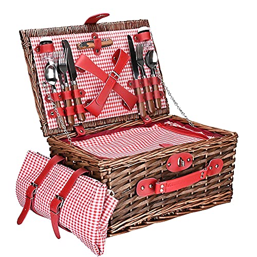 Picnic Basket Set 4 Person Wicker Picnic Basket Handmade Waterproof Picnic Blanket Equipped with Incubator and Cutlery Suitable for Picnics and Camping by The Lake Beach