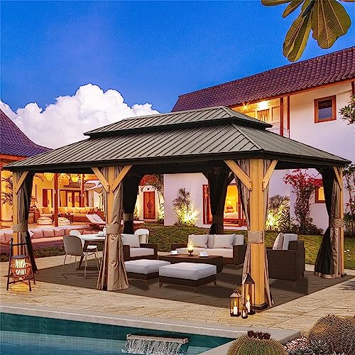 12'x20' Hardtop Gazebo with Cedar Wood Frame, Outdoor Wood Gazebo with Galvanized Steel Double Roof, Permanent Metal Roof Gazebo with Curtains and Netting for Patio, Backyard and Lawn(Brown)