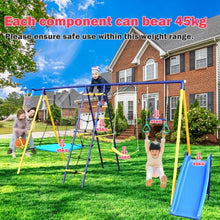 AOKUNG 7-in-1 Heavy-Duty Metal Swing Set with Slide & Climbing Net Blue
