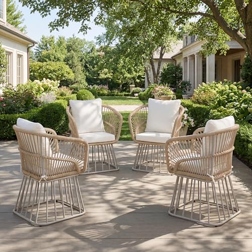 Christopher Knight Home Acker Metal Frame Outdoor Dining Chairs Set of 4, Patio Dining Room Chairs with Wicker Curved Backrest, Comfy Poolside Kitchen Chairs with Cushion, Patio Chairs, Teak + Beige