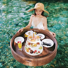 Round Perforated Water Floating Breakfast Tray, Large-Capacity Rattan Dinner Plate, Home Pool Villa Fruit Basket, Outdoor Party Photo,Brown,80CM