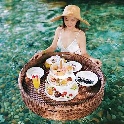 Round Perforated Water Floating Breakfast Tray, Large-Capacity Rattan Dinner Plate, Home Pool Villa Fruit Basket, Outdoor Party Photo,Brown,80CM