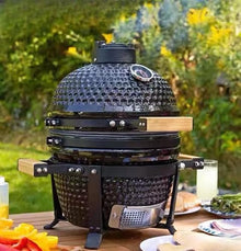 JOSOGO 13 Inch Outdoor American Style Multi-Functional Green Egg Ceramic BBQ Grill, Tabletop Smoker & Roaster(Black)