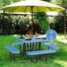 46" Square Top Outdoor Picnic Table Set for Up to 8 Persons, Outside Table Set with 4 Built-in Benches, Metal Commercial Grade Dining Furniture with Umbrella Hole for Garden, Backyard, Patio, Blue