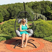 Sunnydaze Delaney Black Resin Wicker Hanging Egg Chair with Powder-Coated Steel Stand - Gray Polyester Cushions - 81 Inches H