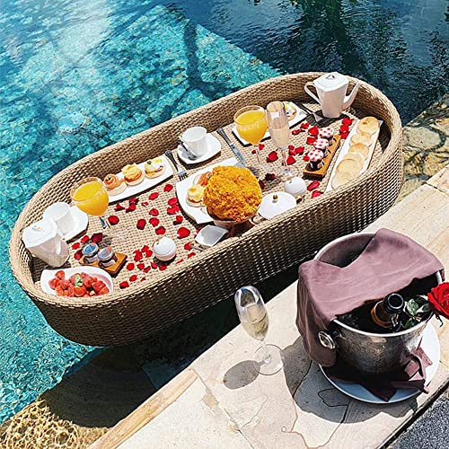 MNSSRN Set of 2 Rattan Trays with Handle, Rattan Refreshment Tray, Hand Rattan Woven Tray, Wicker Tray Swimming Pool Floating Drink Breakfast Tea Tray,Yellow