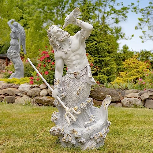 Zaer Ltd. Merman Garden Statue Holding Trident in Antique Bronze/Antique Grey (52" T. with Seashell Spyglass, Antique Grey)