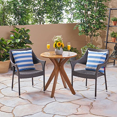 Great Deal Furniture GDFStudio Outdoor 3 Piece Acacia Wood and Wicker Bistro Set Teak Finish + Multi Brown