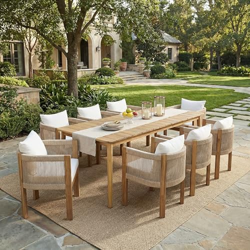 Christopher Knight Home Matera Acacia Wood Outdoor Dining Set for 8, 9 Piece Patio Dining Table and Chair Set, Wooden Outdoor Dining Armchair and Table Set with Removable Cushion, Light Teak+Beige