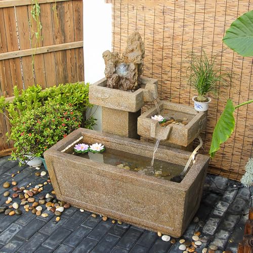 Stone Tiered Water Fountain with Basin and Natural Rock Accents – Outdoor Zen Water Feature for Garden or Patio(B 1)