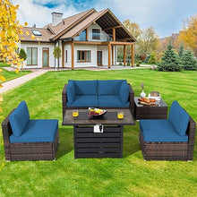 6PCS Patio Rattan Furniture Set 42" Fire Pit Table Cover Sofa Cushion Navy