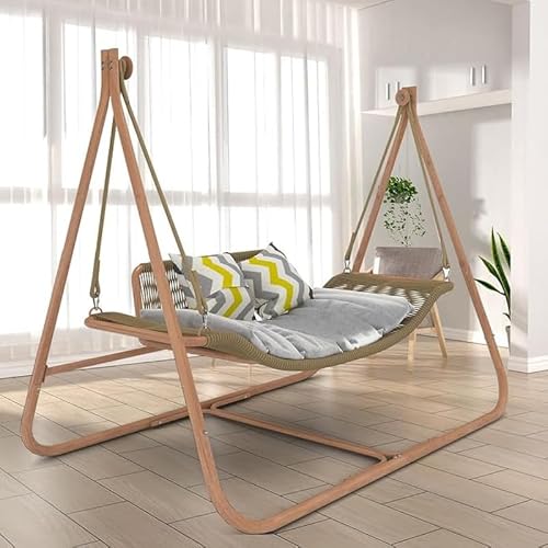 JESE Hammock Swing Chair with Stand and Cushion for Indoor,Outside, Anti-Rust Wood-Colored Frame, 570 lbs Oversized Double Hammock Chair for Patio Bedroom Balcony,