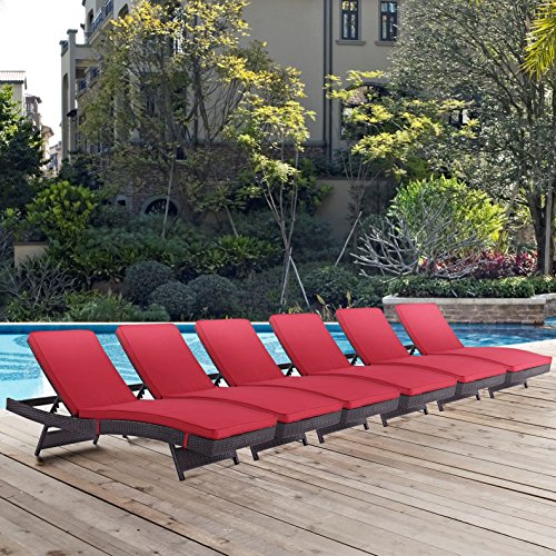 Modern Contemporary Urban Design Outdoor Patio Balcony Chaise Lounge Chair (Set of 6), Red, Rattan