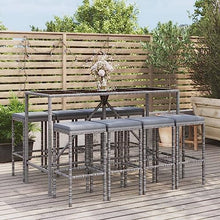Xolmizyn 9-Piece Outdoor Patio Bar Set, PE Rattan Pub Table and 8 Stools with Cushions, Grey Garden Furniture Dining Set for Backyard Poolside