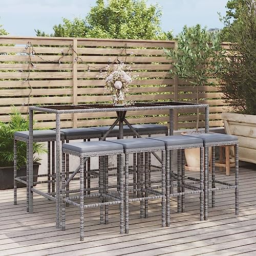 LKJVFCPW 9 Piece Patio Bar Set with Cushions, Outdoor PE Rattan Pub Table and 8 Stools, Garden Furniture Set for Backyard, Deck, and Poolside, Gray