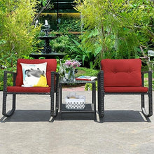 DUYHBAWRS 3PCS Patio Rattan Furniture Set Rocking Chairs Cushioned Sofa Burgundy