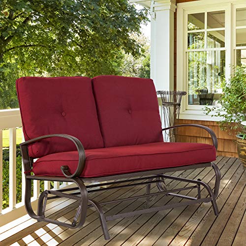 Yardwind Patio Glider 2 Person Patio Loveseat Chair Rocking Glider Bench Durable Wrought Iron Frame Soft Comfortable Cushion for Patio, Yard, Porch, Garden, Backyard, Balcony (Brick Red)
