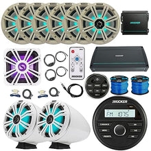 KICKER KMC2 Marine Bluetooth Receiver with Remote & 6X 8" LED Boat Speakers, 2X 8" LED Tower Speakers, 10" LED Subwoofer, 2X Amps