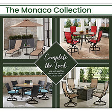 Hanover Monaco 7-Piece Outdoor Patio Dining Set with 6 Cushioned Swivel Rocker Chairs, 60" Round Table, Umbrella & Base, Tan