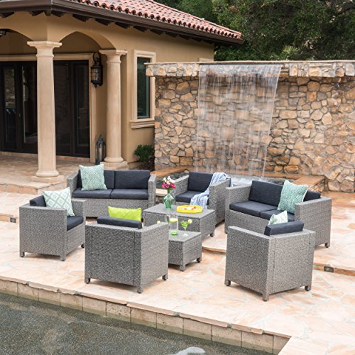 GDFStudio Outdoor 8 Pcs Wicker Chat Set Water Resistant Cushions (Dark Grey/Black)