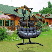 2 Person Hanging Double Swing Chair, Foldable Egg Chair with Stand and Cushion for Indoor Outdoor Patio Garden