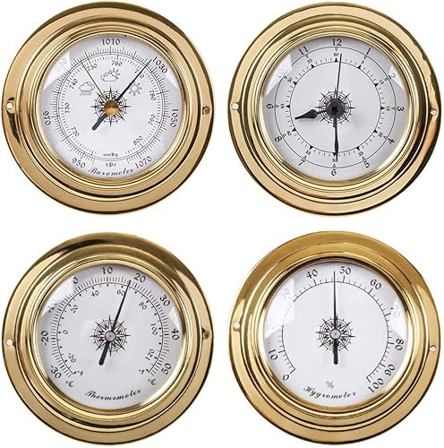 ZLyXZQG Glass Barometer，Outdoor Temperature Gauge， Traditional Barometer Thermometer Hygrometer Kit Accessory Brass Case 98mm Measuring Tools, 4Pcs Weather Station Set, Weather Monitoring Instrument