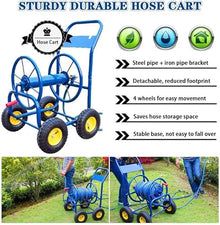 REROM Outside Heavy Duty Iron Garden Trolley,Portable Water Hose Cart with Rollers Household Water Pipe Storage Rack Can Accommodate Hose Reels (Color : Blue-dn20, Size : Hose Cart+60m Pipe)