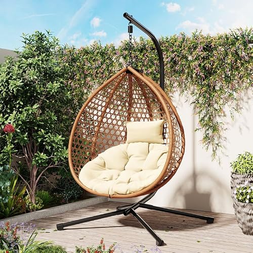 Hanging Egg Chair with Stand,PE Rattan Hammock Swing Chair Heavy Duty 330lbs, Breathable Hollowed Design with Adjustable Headrest&Removable Cushion for Indoor Outdoor,Balcony Patio Bedroom,Beige+Brown
