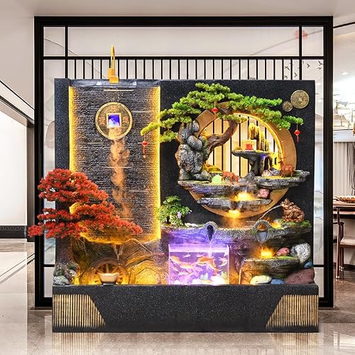 Indoor/Outdoor 6.1ft Waterfall Fountain with LED Lights, Mist Maker, Crystal Sphere, and Fish Tank - Durable Cement Construction, Rain & UV Protection,Simulated Bonsai