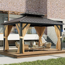 GAOMON Hardtop Gazebo 10x13ft with Nettings and Curtains, Heavy Duty Double Roof for Patio, Backyard, Deck, Lawn Brown
