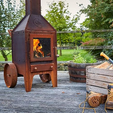 RB73 Bijuga Wood Burning Outdoor Fireplace, Portable with Wheels, 35"x27"x82", 3mm CorTen Steel, Heat-Resistant Glass, Industrial Design