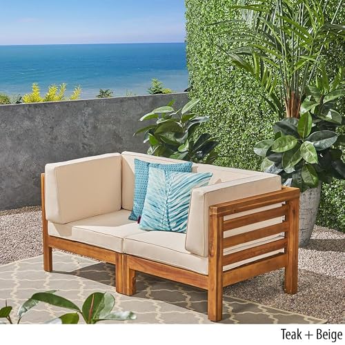 Merax Love Seat Patio Sofa 2-Piece Outdoor Sectional Sofa 2 Seater Acacia Wood Loveseats with Beige Cushions for Patio, Balcony, Backyard, Deck, Poolside
