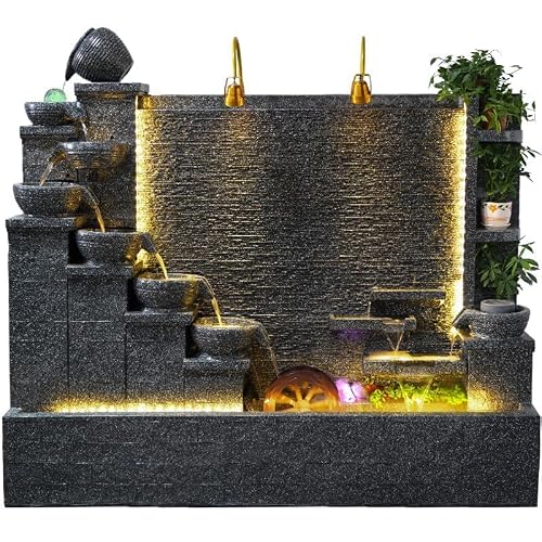 5.8 ft Luxury Elegant Faux Rock Fountain – Vintage Style Garden Home Villa Decor with LED Lights, Waterfall, Crystal Turning Beads, Relief Art for Gift or Decoration(Grey+178 * 40 * 160CM+Left)